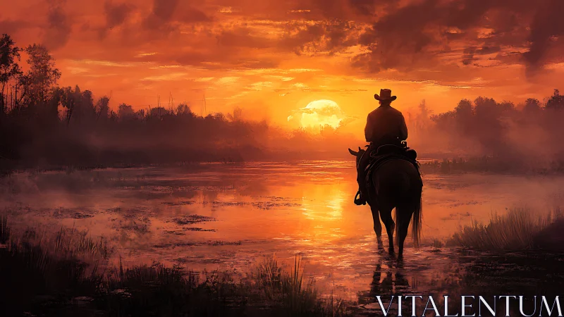 Rider on horseback crossing shallow water at sunset period.