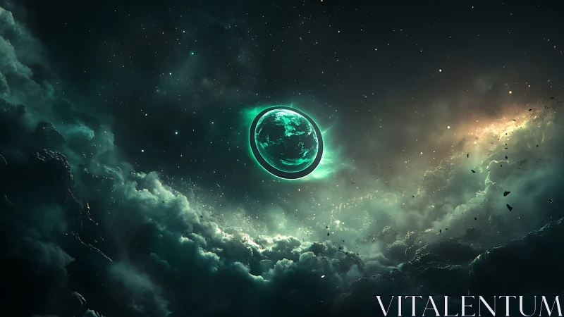 Luminous teal planet suspended in nebular dust and starfield