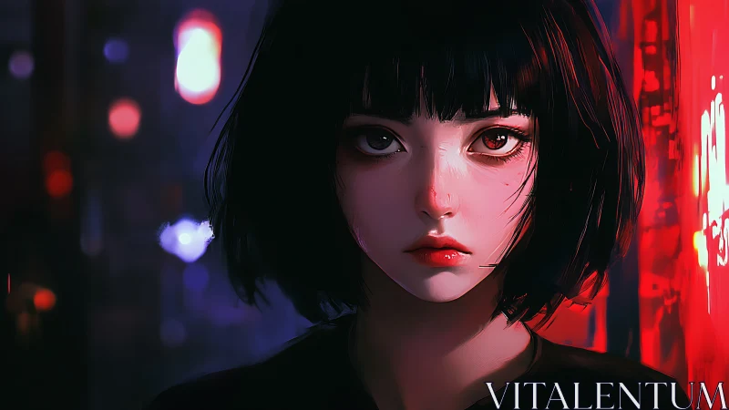 Neon alley girl with haunted eyes and midnight resolve.