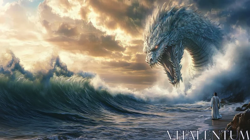 Towering sea dragon confronts lone robed figure at sunrise.