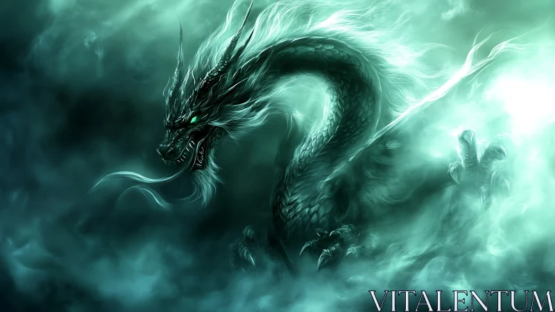 Serpentine dragon form emerges within dense teal mist