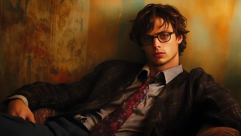 Reclined intellectual portrait in warm cinematic lighting.