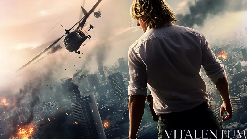 Helicopter and armed figure above burning modern cityscape.