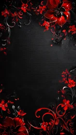 Red ornamental flowers frame dark textured black background