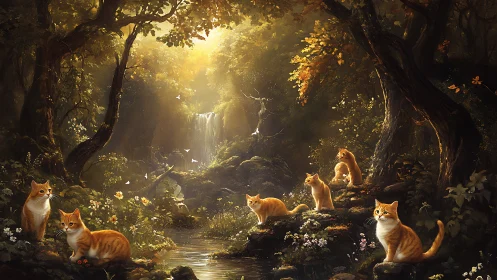 Enchanted Forest Grove with Felines in Luminous Sanctuary.