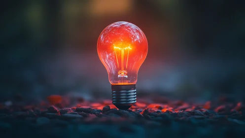 Lone ember-bright lightbulb glowing over twilight gravel.