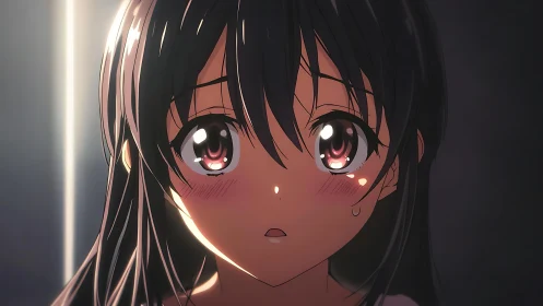 Close-up anime portrait with dramatic rim lighting and moist eyes