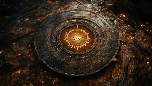 Ancient glowing sun sigil lies buried in ember‑lit stone