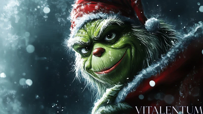 Stylized green Christmas character rendered in dramatic close-up