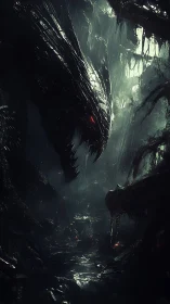 Predatory shadow dragon looming in rain-soaked ravine.