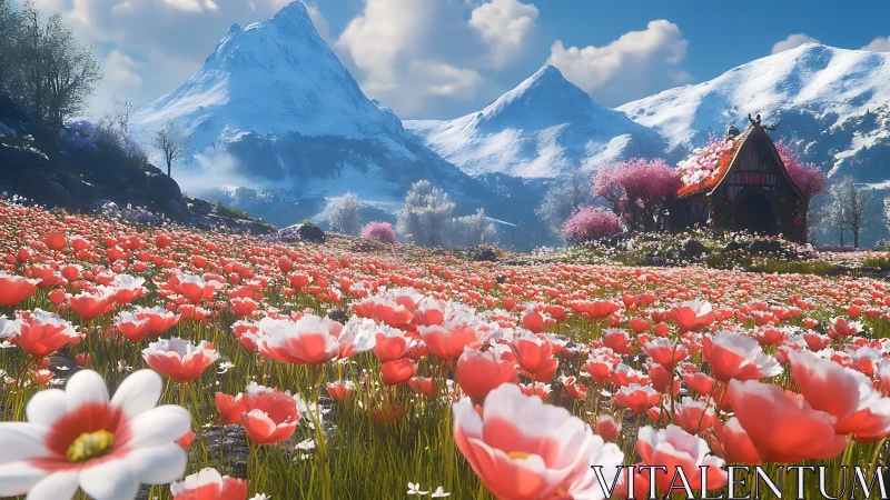 Alpine wildflower meadow with snowcapped peaks and cottage