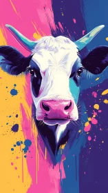 Color-splashed cow portrait with playful modern charm.