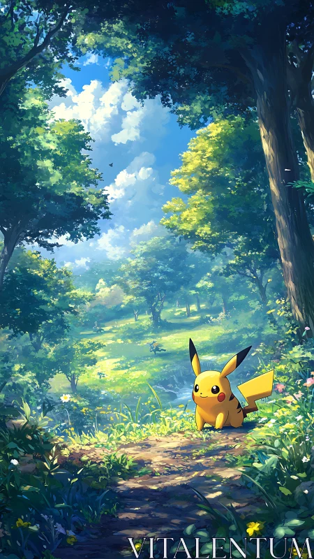 Pikachu in Dappled Forest Clearing with Volumetric Sky Lighting