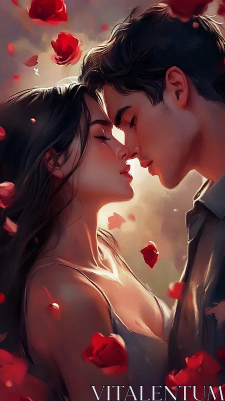 Romantic Digital Portrait: Luminous Couple with Floating Rose Petals