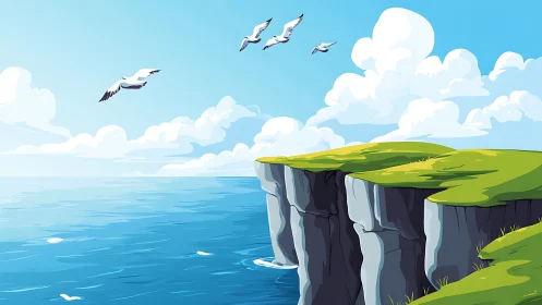 Coastal Cliff Landscape with Birds in Flight. Digital Illustration.