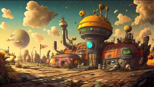 Retro-futuristic desert spaceport with domed habitat modules