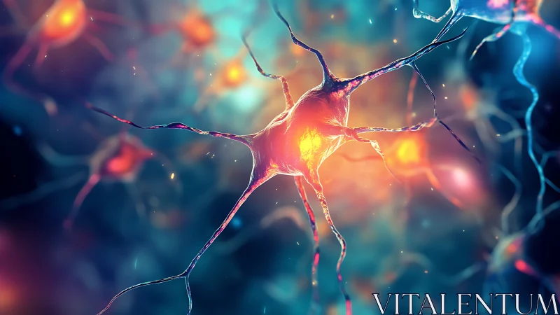 Digital painting of synaptic neuron network with luminous core.