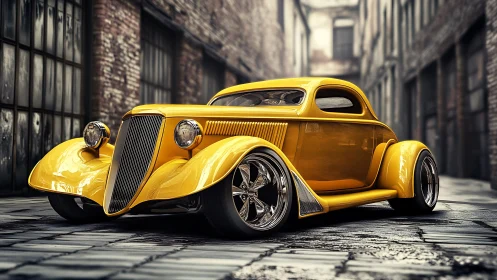 Yellow custom hot rod coupe on wet cobblestone street.