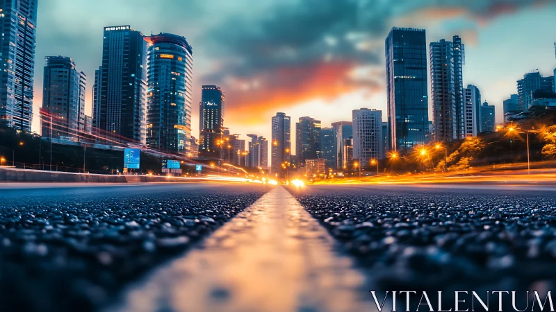 Skyline racetrack ignites under neon dusk and racing light trails.
