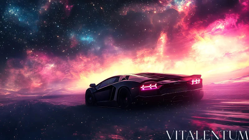 Futuristic sports car drives under luminous cosmic sky