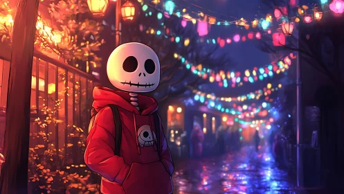 Hooded skeleton figure under multicolored lantern street scene.