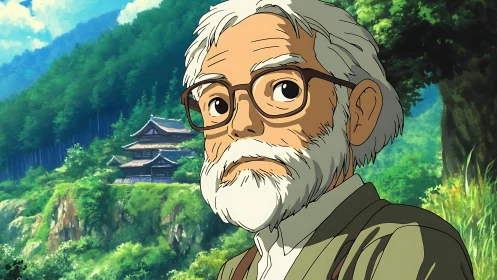 Anime portrait against lush forested temple landscape backdrop.