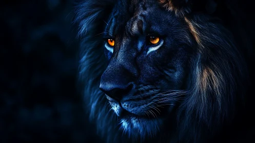 Nocturnal lion portrait with cyan rim light and amber eyes.