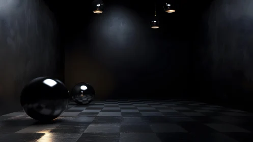 Glossy black spheres in dimly lit checkered interior space.