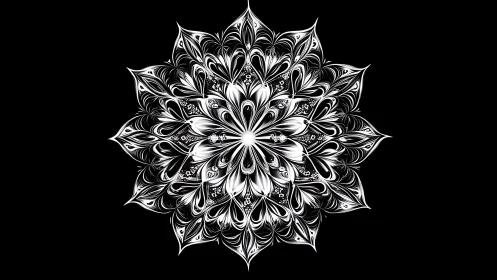 Luminous black and white mandala blossoming in gentle symmetry.
