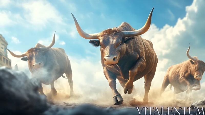 Charging bulls rendered in dynamic low-angle photorealism