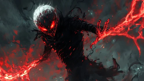 Infernal wraith unleashes crimson voidfire across darkness.