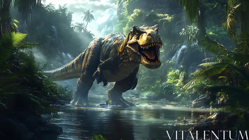Roaring tyrannosaurus stalks a misty jungle river gorge