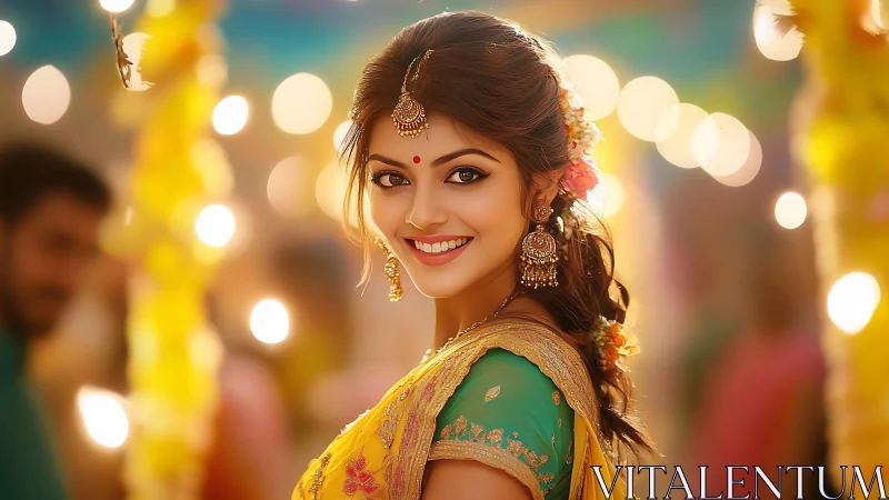 Festival glow crowns a vibrant Indian bridal portrait.