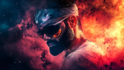 Neon-lit bearded man framed by dual-color fire clouds.