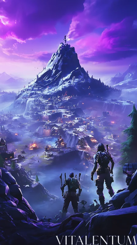 Mountain siege at dusk over a glowing battle valley.