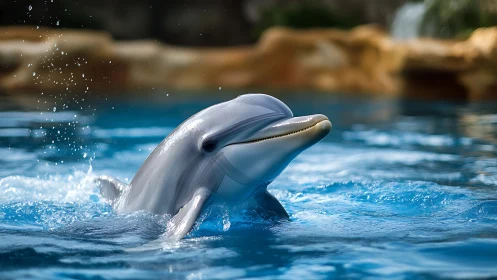 Bottlenose dolphin breaks surface in controlled pool environment