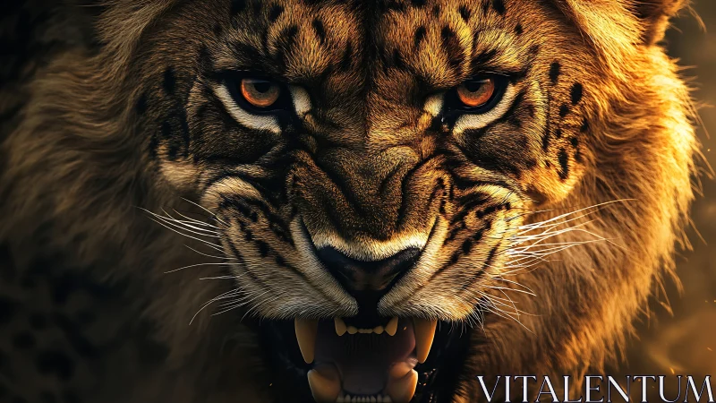 Golden Tiger Snarl with Amber Eyes Against Dark Background.