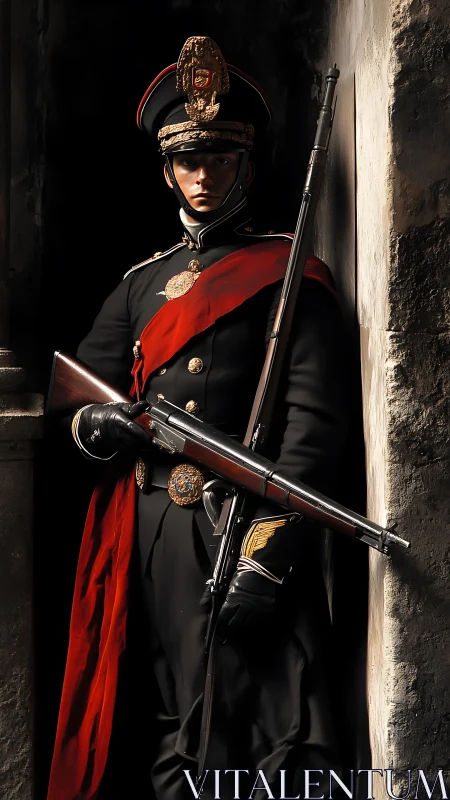 Ceremonial guard in ornate uniform holding rifle under dramatic light
