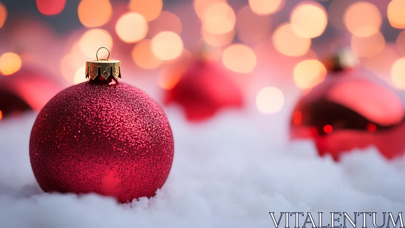 Cozy red Christmas ornaments resting in soft winter snow.