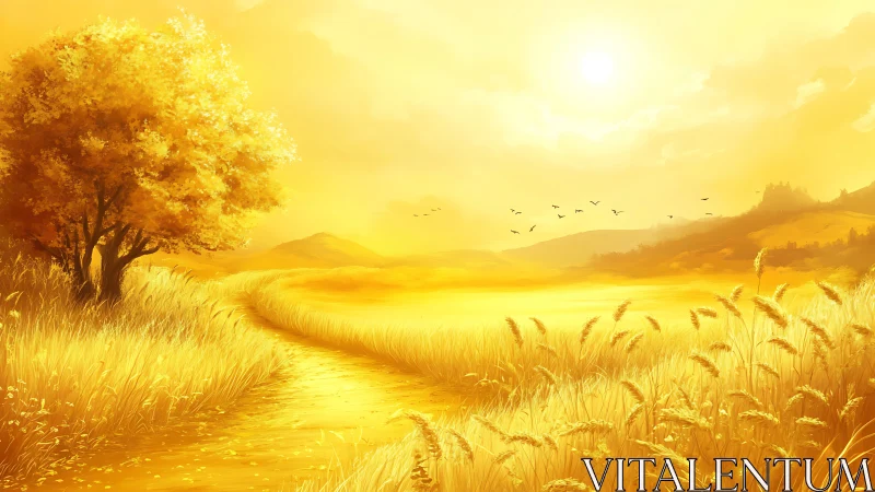 Golden rural landscape shows tree, wheat field and dirt path
