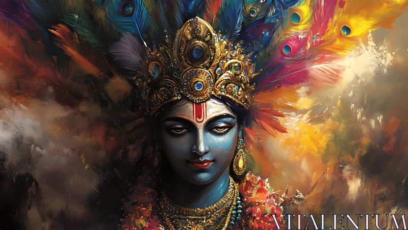 Divine blue figure with jeweled crown and peacock plumes.