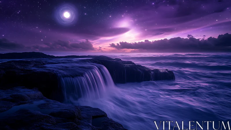 Moonlit violet seascape with cascading ocean falls.