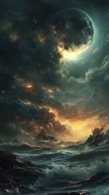 Storm-tormented alien ocean beneath erupting crescent planet