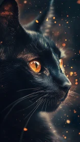 Black Cat with Golden Eyes Surrounded by Luminous Particles