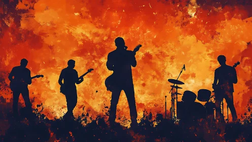 Silhouetted rock ensemble against incandescent abstract inferno.