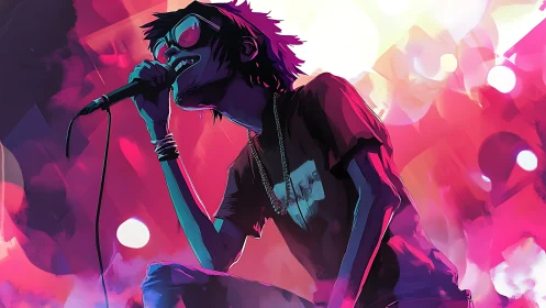 Digital illustration of singer on stage with vivid lighting.