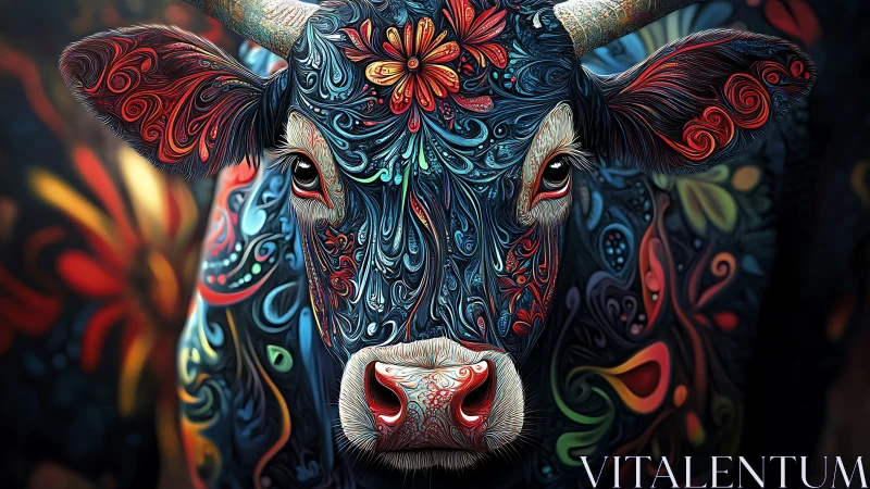 Floral patterned cow portrait in vivid swirling colors.