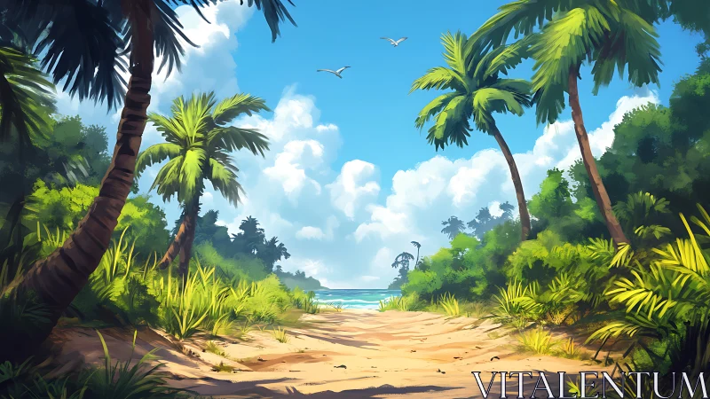 Tropical Beach Path Through Palm Grove Under Clear Sky