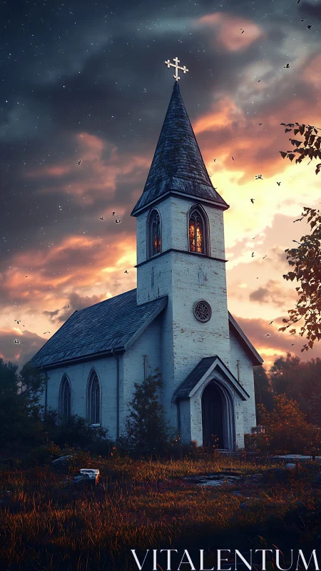 Old white chapel glows softly against a dramatic twilight sky