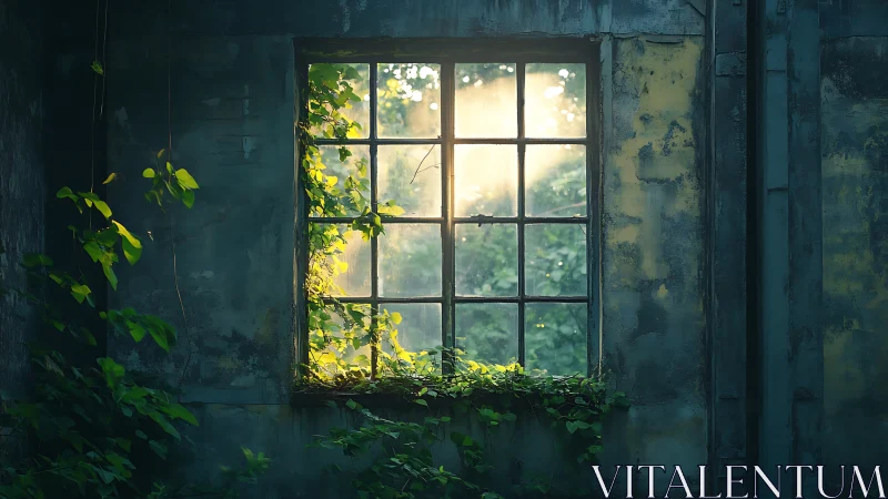 Sunlit ivy reclaiming a forgotten factory window frame.